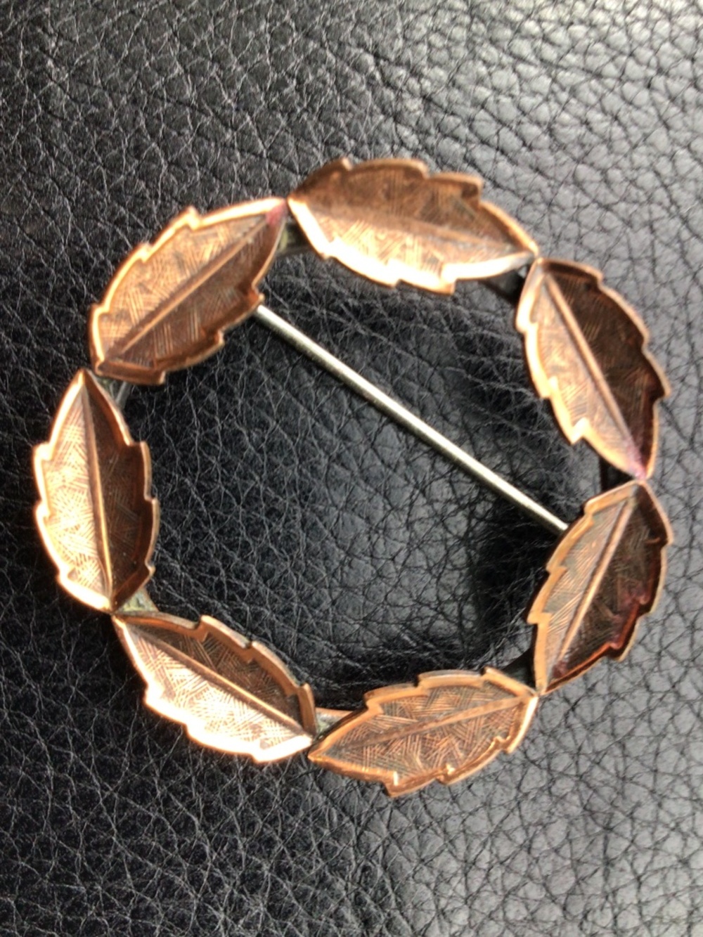 Vintage Signed Copper Bell Mid Century Leaf Wreath Brooch 1950s